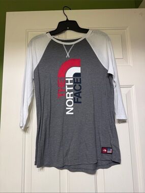 The North Face Gray Body White Raglan Tee with Red & Navy Logo